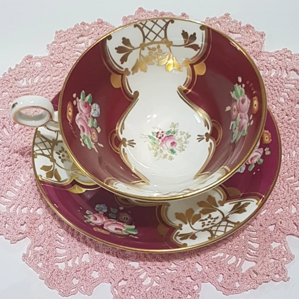 Tea Cup and Saucer Antique Samuel Radford Hand Painted RADFORDS Red Panels Pink